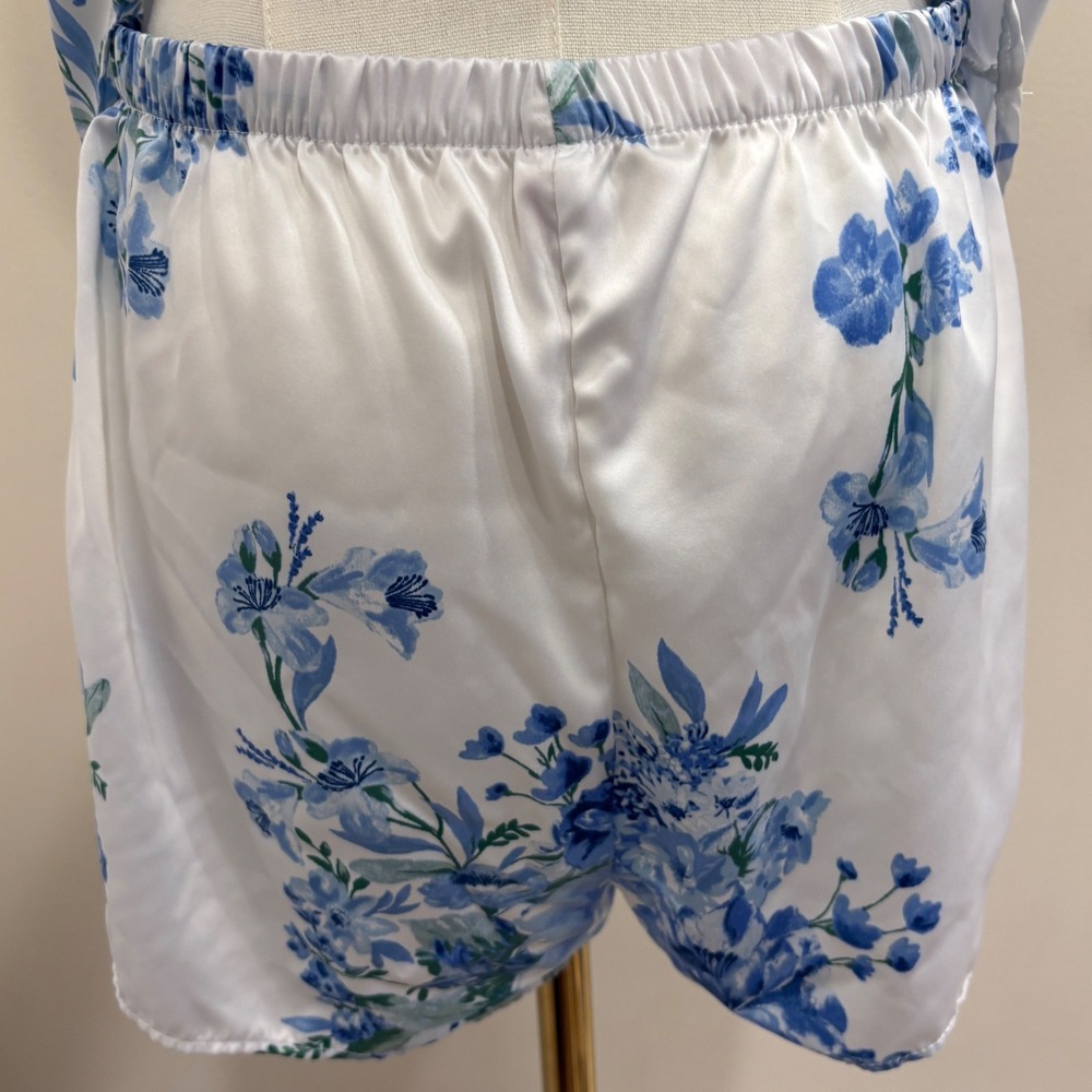 Flora Nikrooz 3pc Satin Pajama Set‎ Robe Camisole Shorts Blue Floral Medium New - Picture 16 of 16